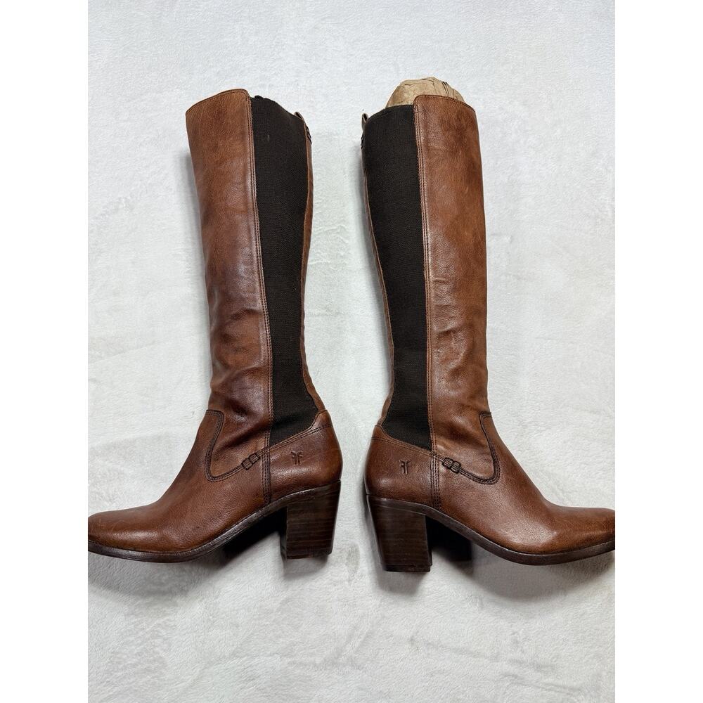 Frye Melissa Button Brown Leather Riding Boots Sz 6.5 B Tall Pull On Stretch 401 - Picture 4 of 13